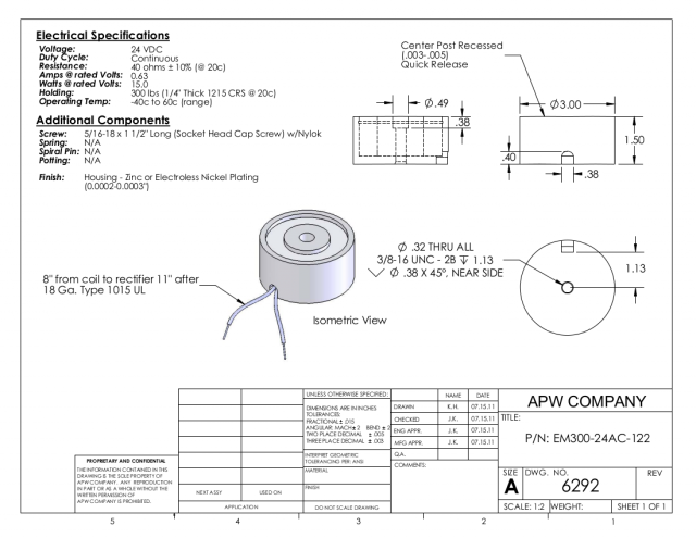EM300-24AC-122 - Round Electromagnet 3 inch Dia. 24 volts AC - Holding 300 lbs. image 1