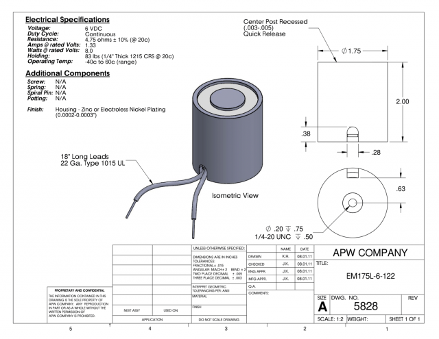 EM175L-6-122 - Round Electromagnet 1.75 inch Dia. 6 volts DC - Holding 83 lbs. image 1
