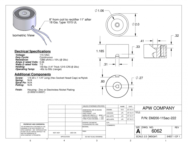 EM200-115ac-222 - Round Electromagnet 2 inch Dia. 115 volts AC - Holding 140 lbs. image 1