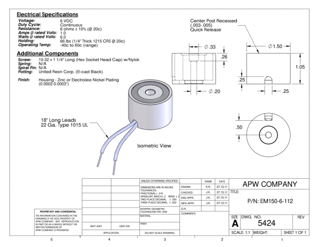 EM150-6-112 - Round Electromagnet 1.5 inch Dia. 6 volts DC - Holding 66 lbs. image 1
