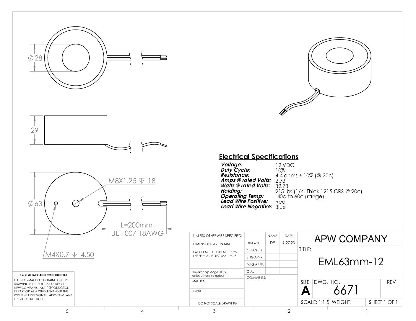 EML63mm-12 - Round Permanent Electromagnet 63 mm Dia. 12 volts DC - Holding 215 lbs. image 1