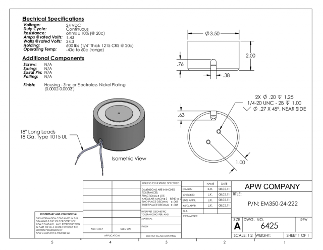 EM350-24-222 - Round Electromagnet 3.5 inch Dia. 24 volts DC - Holding 600 lbs. image 1