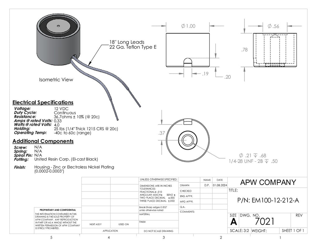 EM100-12-212-A - Round Electromagnet 1 inch Dia. 12 VDC - Holding 25 lbs. image 1