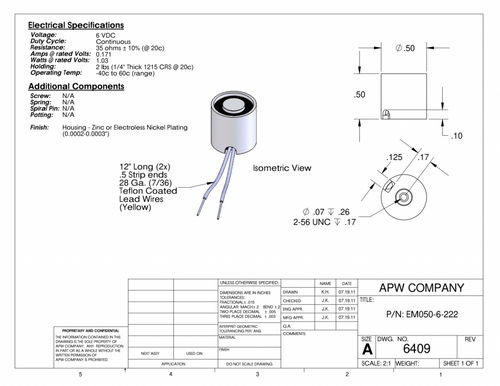 EM050-6-222 - Round Electromagnet 0.5 inch Dia. 6 volts DC - Holding 2 lbs. image 1
