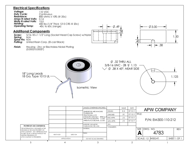 EM300-110-212 - Round Electromagnet 3 inch Dia. 110 volts DC - Holding 400 lbs. image 1