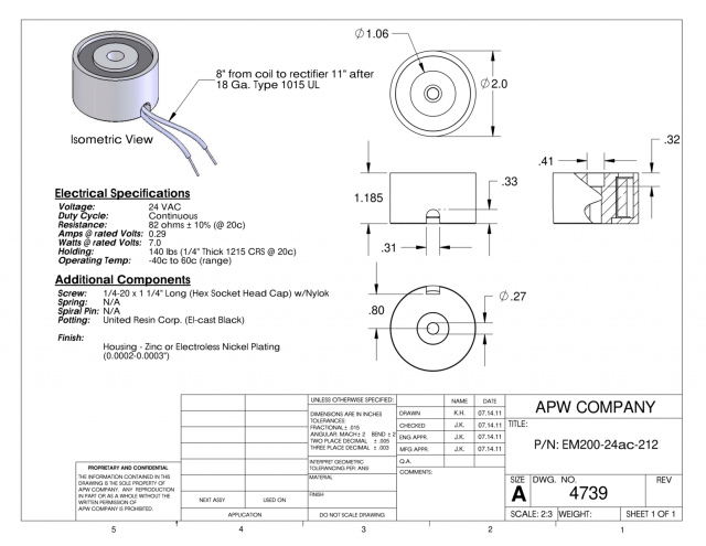EM200-24ac-212 - Round Electromagnet 2 inch Dia. 24 volts AC - Holding 140 lbs. image 1