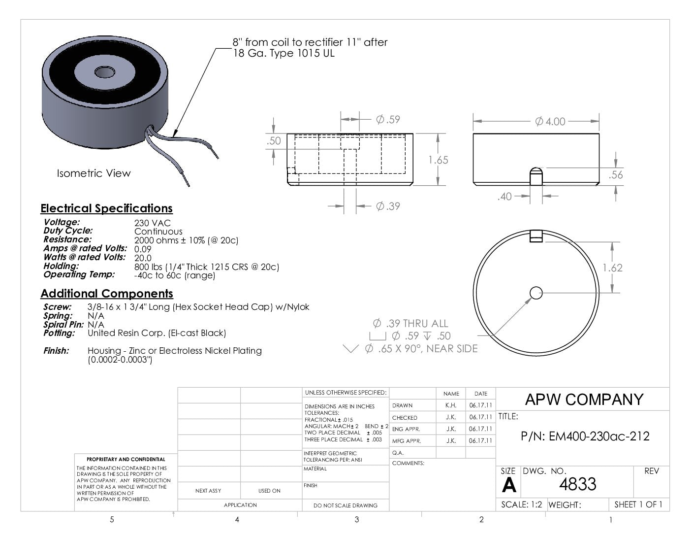 EM400-230ac-212 - Round Electromagnet 4 inch Dia. 230 volts AC - Holding 800 lbs. image 1