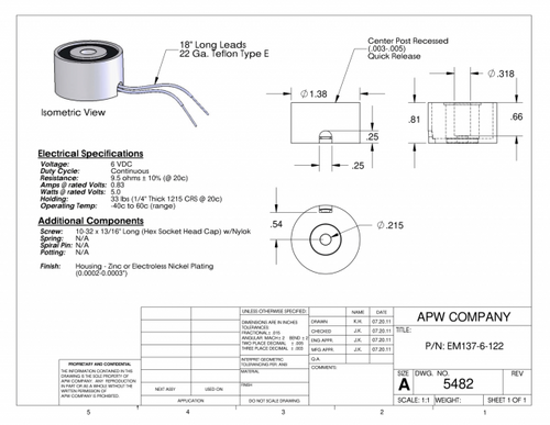 EM137-6-122 - Round Electromagnet 1.375 inch Dia. 6 volts DC - Holding 33 lbs. image 1
