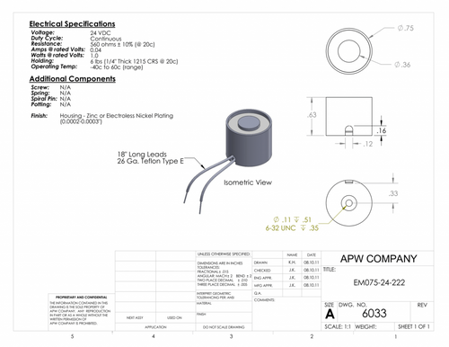 EM075-24-222 - Round Electromagnet 0.75 inch Dia. 24 volts DC - Holding 6 lbs. image 1