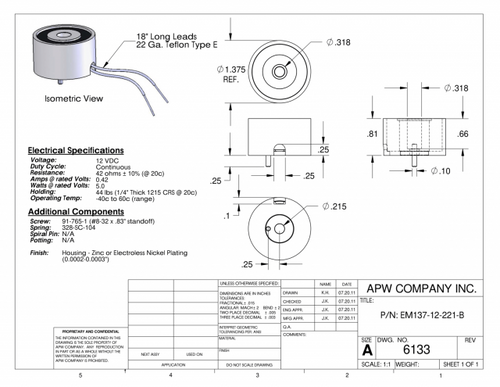 EM137-12-221-B - Round Electromagnet 1.375 inch Dia. 12 volts DC - Holding 44 lbs. image 1