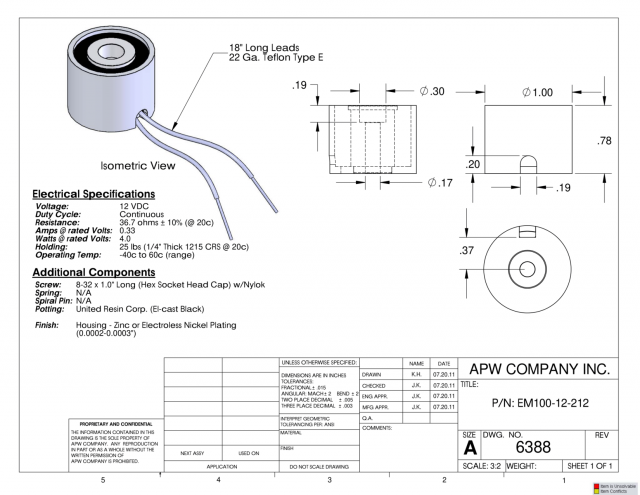 EM100-12-212 - Round Electromagnet 1 inch Dia. 12 volts DC - Holding 25 lbs. image 1