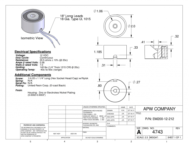 EM200-12-212 - Round Electromagnet 2 inch Dia. 12 volts DC - Holding 140 lbs. image 1