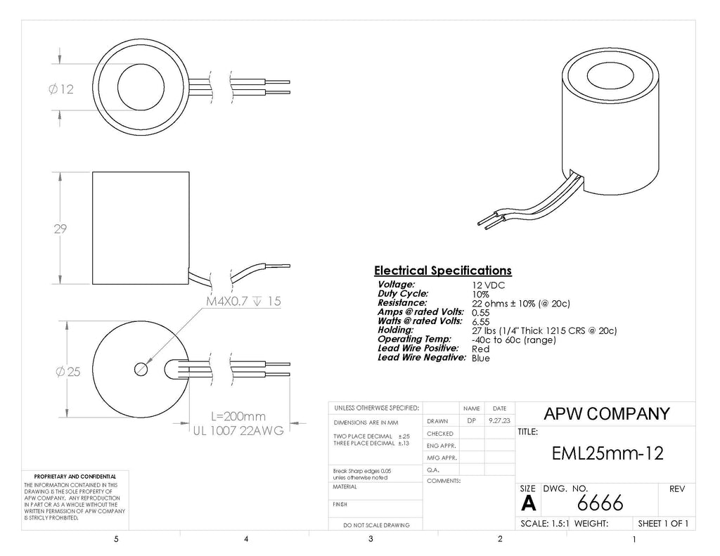 EML25mm-12 - Round Permanent Electromagnet 25 mm Dia. 12 volts DC - Holding 27 lbs. image 1