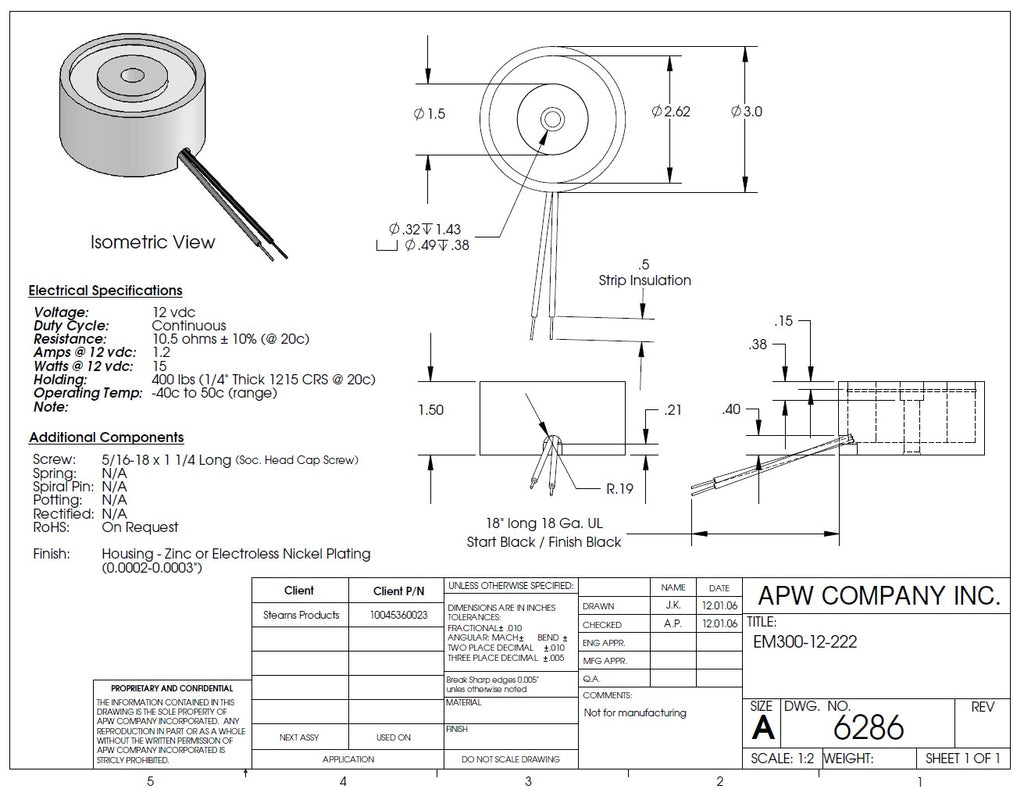 EM300-12-222 - Round Electromagnet 3 inch Dia. 12 volts DC - Holding 400 lbs. image 1