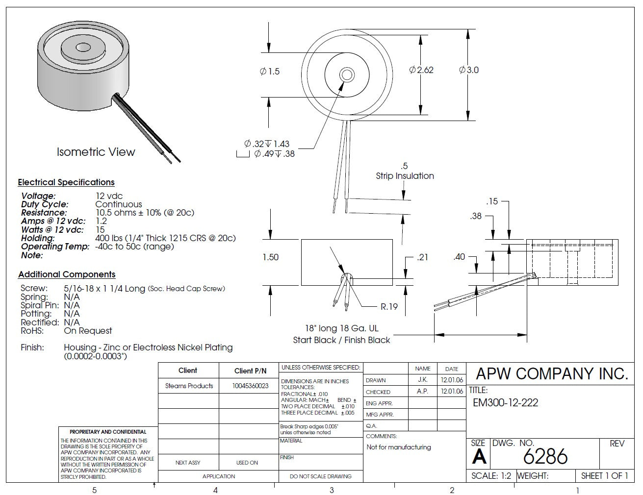 EM300-12-222 - Round Electromagnet 3 inch Dia. 12 volts DC - Holding 400 lbs. image 1