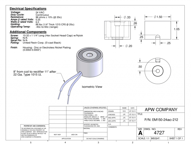 EM150-24ac-212 - Round Electromagnet 1.5 inch Dia. 24 volts AC - Holding 88 lbs. image 1