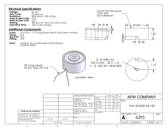 EM300-24-122 - Round Electromagnet 3 inch Dia. 24 volts DC - Holding 300 lbs. image 1