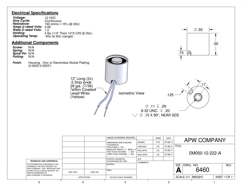EM050-12-222-A - Round Electromagnet 0.5 inch Dia. 12 volts DC - Holding 2 lbs. image 1