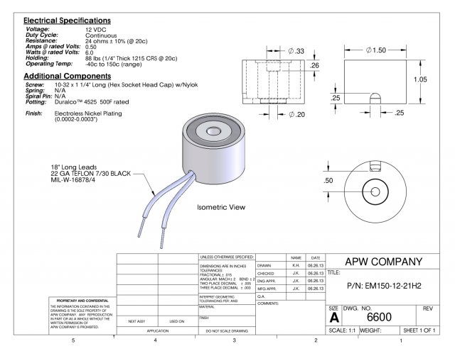 EM150-12-21H2 - Round Electromagnet 1.5 inch Dia. 12 volts DC - Holding 88 lbs. image 1