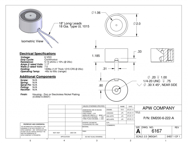 EM200-6-222-A - Round Electromagnet 2 inch Dia. 6 volts DC - Holding 140 lbs. image 1