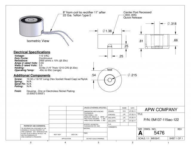 EM137-115ac-122 - Round Electromagnet 1.375 inch Dia. 115 volts AC - Holding 33 lbs. image 1