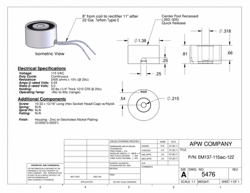 EM137-115ac-122 - Round Electromagnet 1.375 inch Dia. 115 volts AC - Holding 33 lbs. image 1