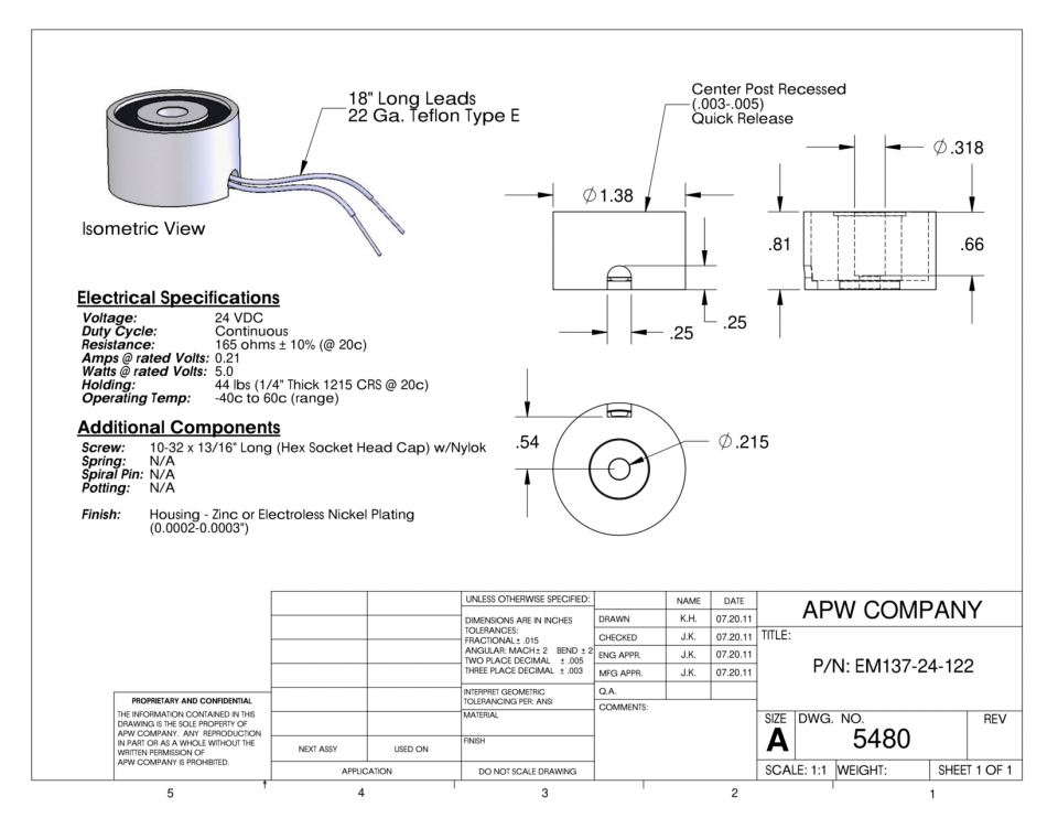 EM137-24-122 - Round Electromagnet 1.375 inch Dia. 24 volts DC - Holding 33 lbs. image 1