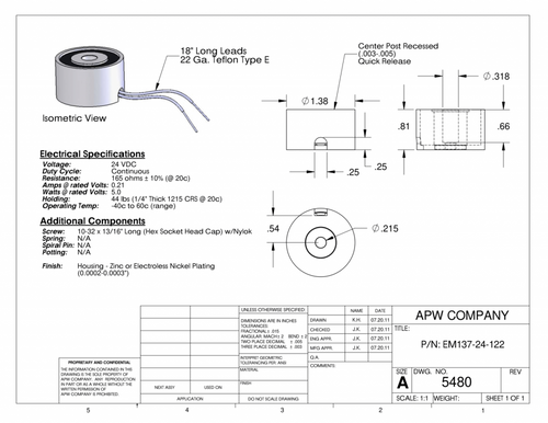 EM137-24-122 - Round Electromagnet 1.375 inch Dia. 24 volts DC - Holding 33 lbs. image 1
