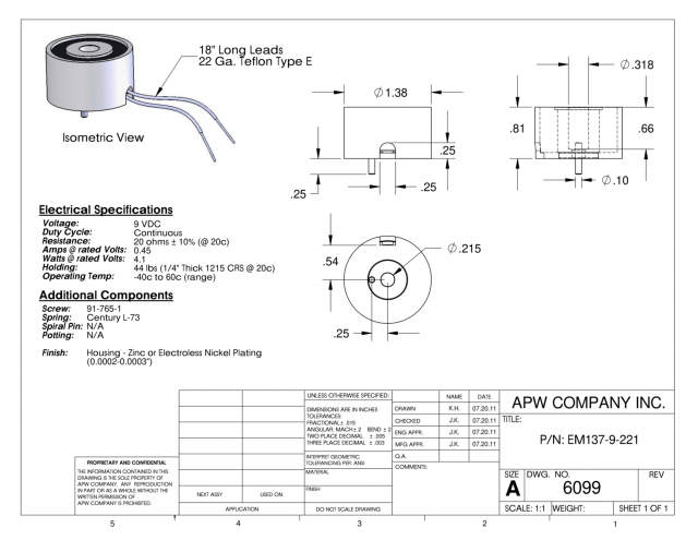 EM137-9-221 - Round Electromagnet 1.375 inch Dia. 9 volts DC - Holding 44 lbs. image 1
