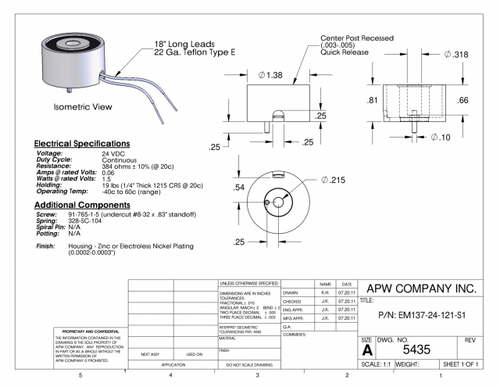 EM137-24-121-S1 - Round Electromagnet 1.375 inch Dia. 24 volts DC - Holding 19 lbs. image 1