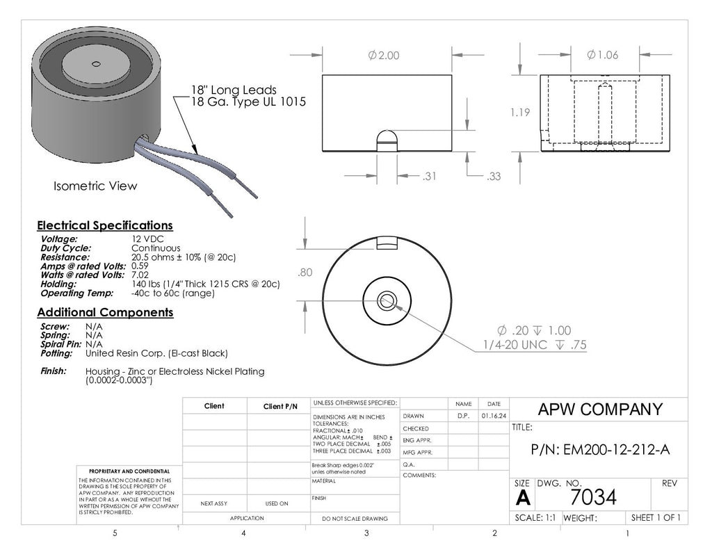 EM200-12-212-A - Round Electromagnet 2 inch Dia. 12 VDC - Holding 140 lbs. image 1