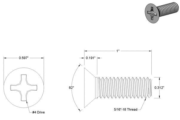 SCRM-029 for SP-400 Strike plate or keeper plate - 5/16"-18 Thread, 1"  Length Zinc-Plated Steel Flat Head Phillips Machine Screw image 0