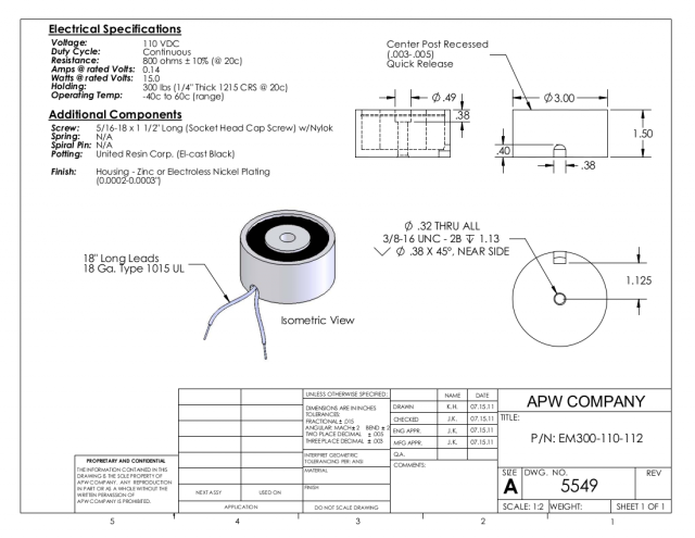 EM300-110-112 - Round Electromagnet 3 inch Dia. 110 volts DC - Holding 300 lbs. image 1