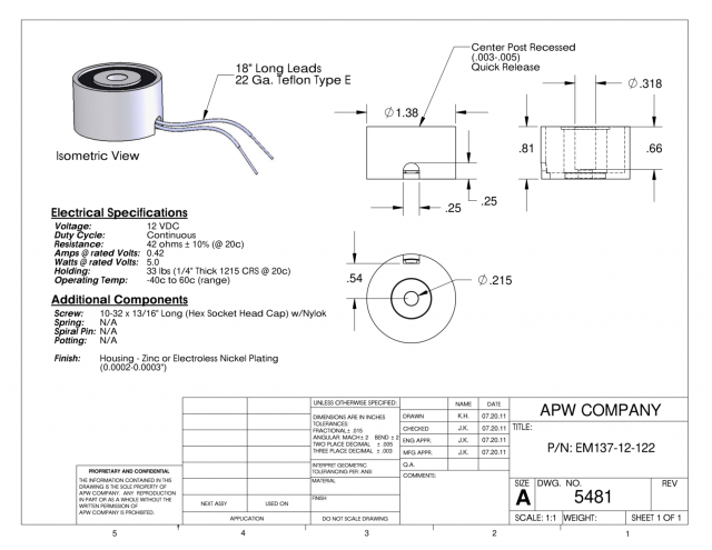 EM137-12-122 - Round Electromagnet 1.375 inch Dia. 12 volts DC - Holding 33 lbs. image 1