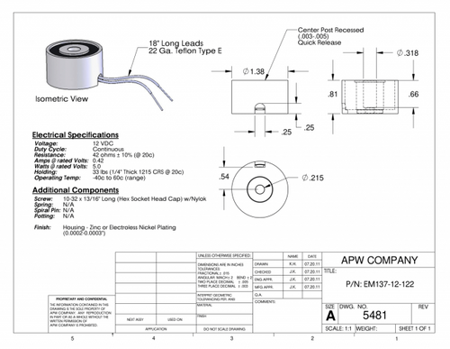 EM137-12-122 - Round Electromagnet 1.375 inch Dia. 12 volts DC - Holding 33 lbs. image 1