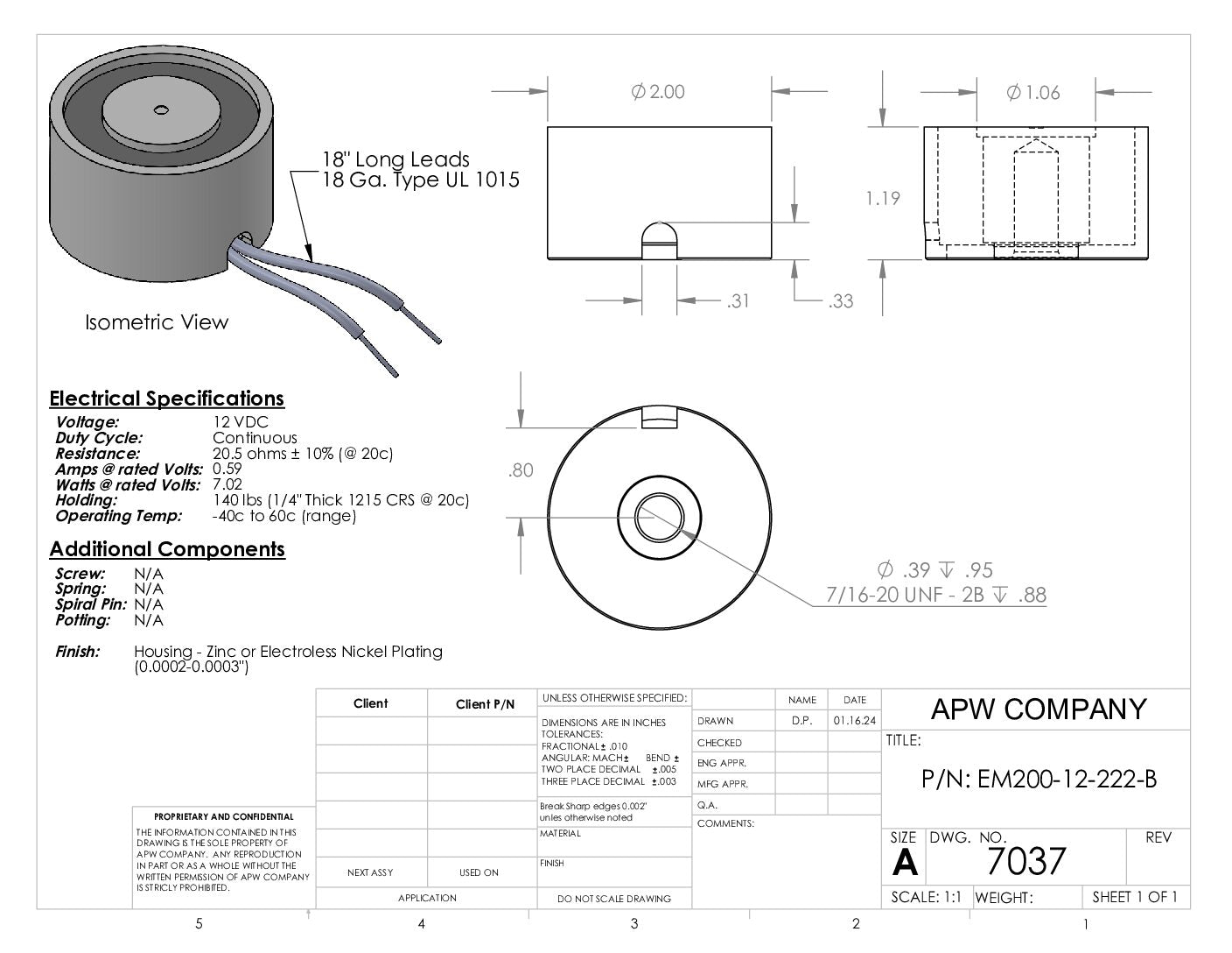 EM200-12-222-B - Round Electromagnet 2 inch Dia. 12 VDC - Holding 140 lbs. image 1