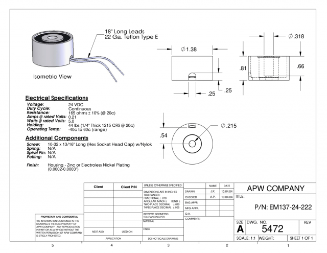EM137-24-222 - Round Electromagnet 1.375 inch Dia. 24 volts DC - Holding 44 lbs. image 1