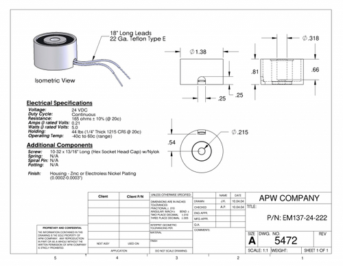 EM137-24-222 - Round Electromagnet 1.375 inch Dia. 24 volts DC - Holding 44 lbs. image 1