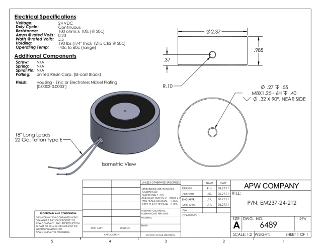 EM237-24-212 - Round Electromagnet 2.37 inch Dia. 24 volts DC - Holding 190 lbs. image 1