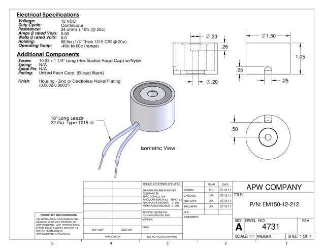 EM150-12-212 - Round Electromagnet 1.5 inch Dia. 12 volts DC - Holding 88 lbs. image 1