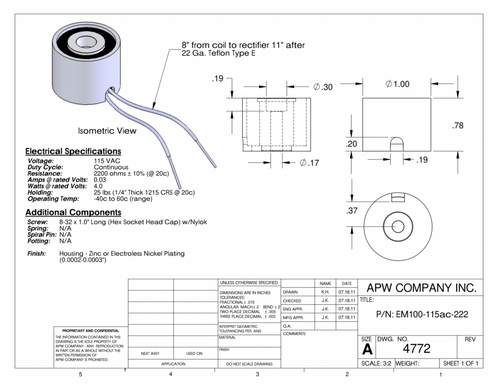 EM100-115ac-222 - Round Electromagnet 1 inch Dia. 115 volts AC - Holding 25 lbs. image 1