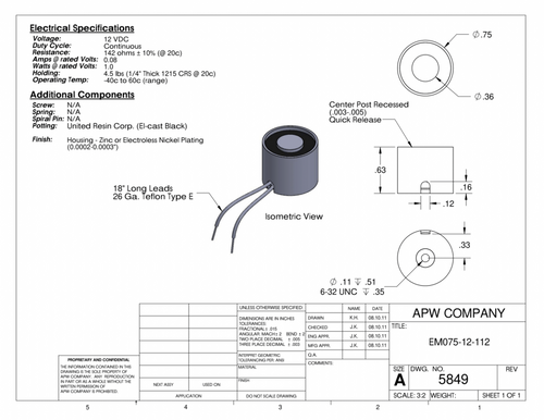 EM075-12-112 - Round Electromagnet 0.75 inch Dia. 12 volts DC - Holding 4.5 lbs. image 1