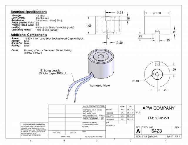 EM150-12-221 - Round Electromagnet 1.5 inch Dia. 12 volts DC - Holding 88 lbs. image 1