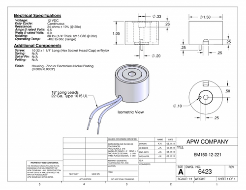 EM150-12-221 - Round Electromagnet 1.5 inch Dia. 12 volts DC - Holding 88 lbs. image 1