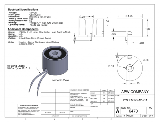 EM175-12-211 - Round Electromagnet 1.75 inch Dia. 12 volts DC - Holding 100 lbs. image 1