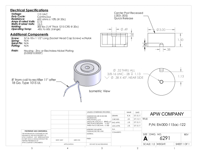 EM300-115AC-122 - Round Electromagnet 3 inch Dia. 115 volts AC - Holding 300 lbs. image 1