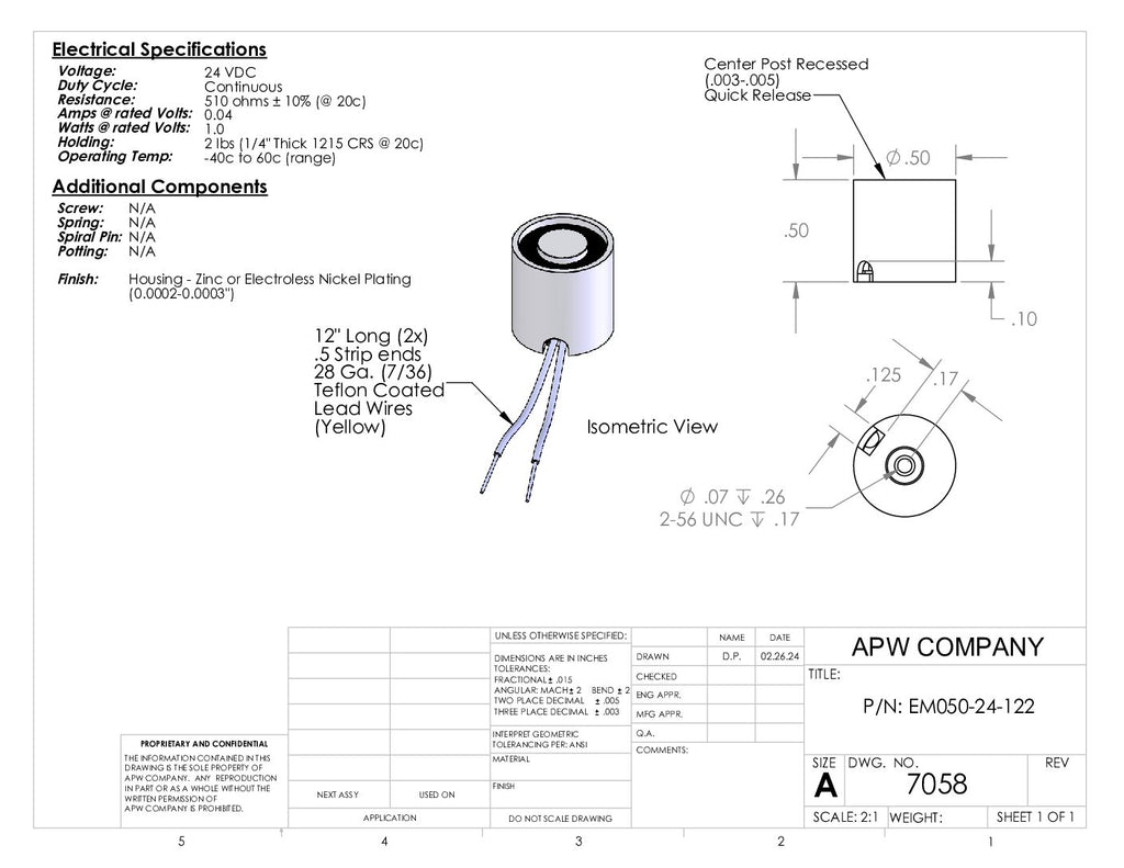 EM050-24-122 - Round Electromagnet 0.5 inch Dia. 24 volts DC - Holding 2 lbs. image 1