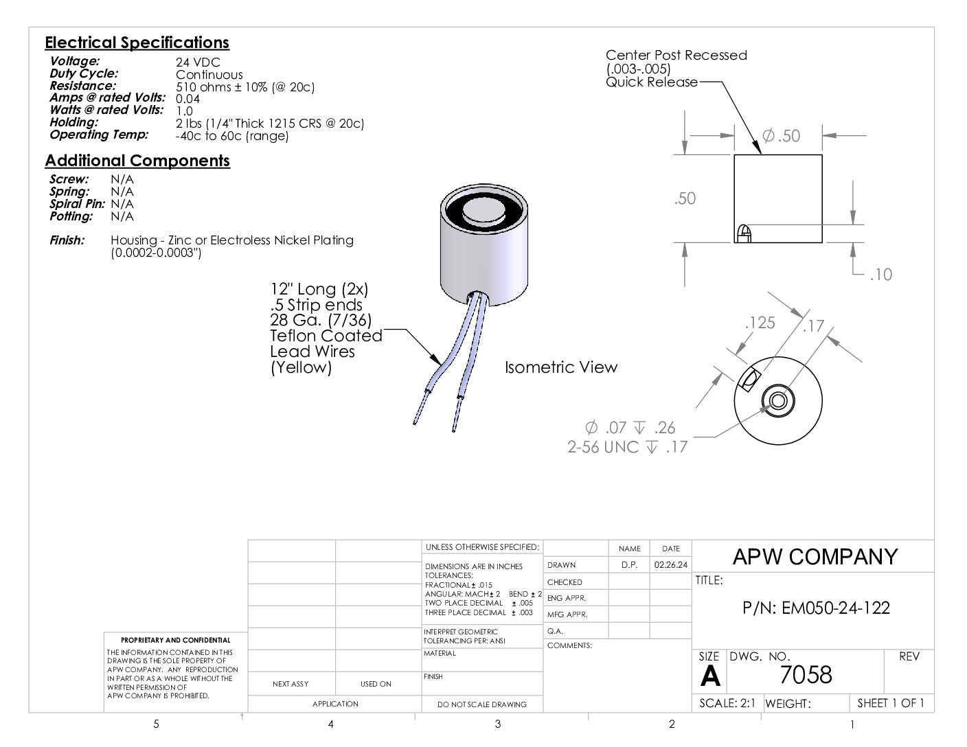 EM050-24-122 - Round Electromagnet 0.5 inch Dia. 24 volts DC - Holding 2 lbs. image 1
