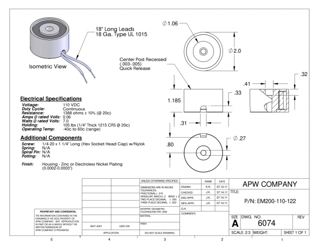 EM200-110-122 - Round Electromagnet 2 inch Dia. 110 volts DC - Holding 140 lbs. image 1
