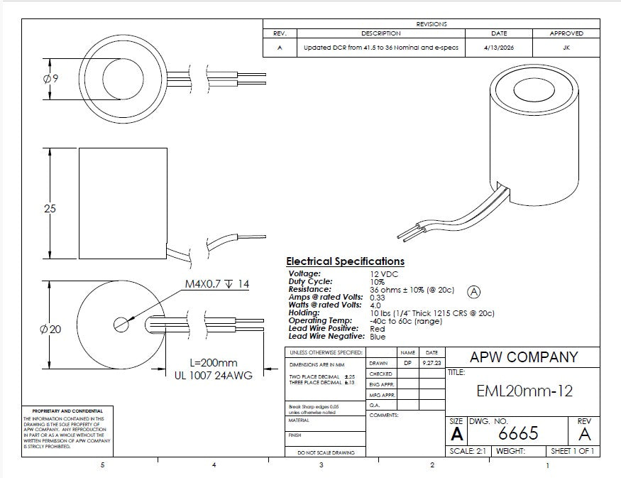 EML20mm-12 - Round Permanent Electromagnet 20 mm Dia. 12 volts DC - Holding 10.12 lbs. image 1